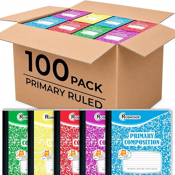 100 Pack Bulk Composition Notebook, K-2 Primary Ruled, 100 Sheets | Primary Composition Notebook Bulk With Header For Drawing, 9-3/4 x 7-1/2, Grades K-2, 200 Pages, Grades K-2, Bulk Supplies
