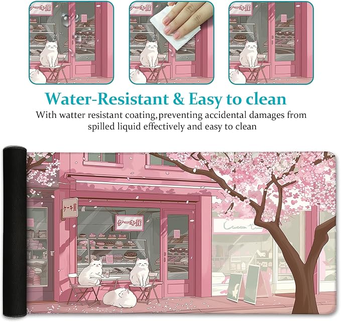 LIMKRIAN Cat Mouse Pad, Large Desk Mat, 31.5 x 11.8 in Pink Cherry Blossom | Stitched Edges, Non-Slip, Keyboard Mouse Pad, Computer Mouse Pads for Desktop, Cute Office Desk Accessories for Women