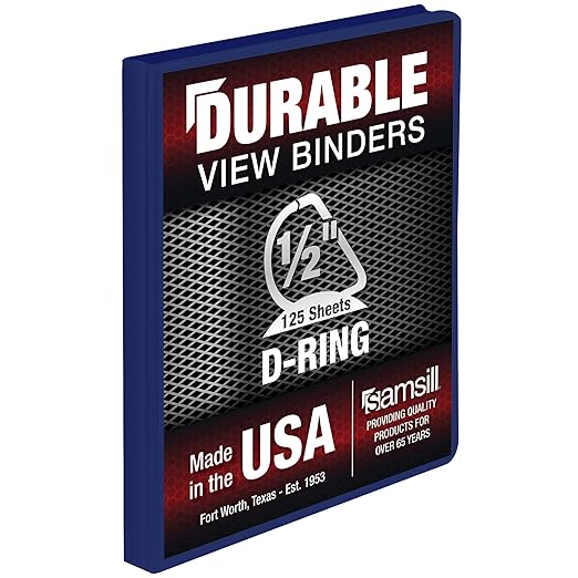 Samsill Durable 0.5 Inch Binder, D Ring Binder, Customizable Clear View Cover, Dark Blue, Holds 125 Pages