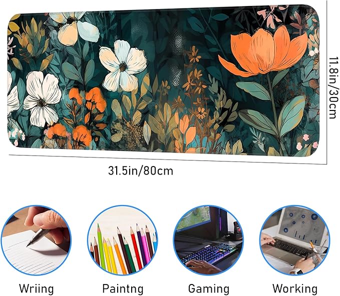 Floral Plant Mouse Pad, Non-Slip Rubber Base Stitched Edges, Large Gaming Mouse Pad for Laptop, Computer, Keyboard, 31.5 x 11.8 Inch, Desktop Decor