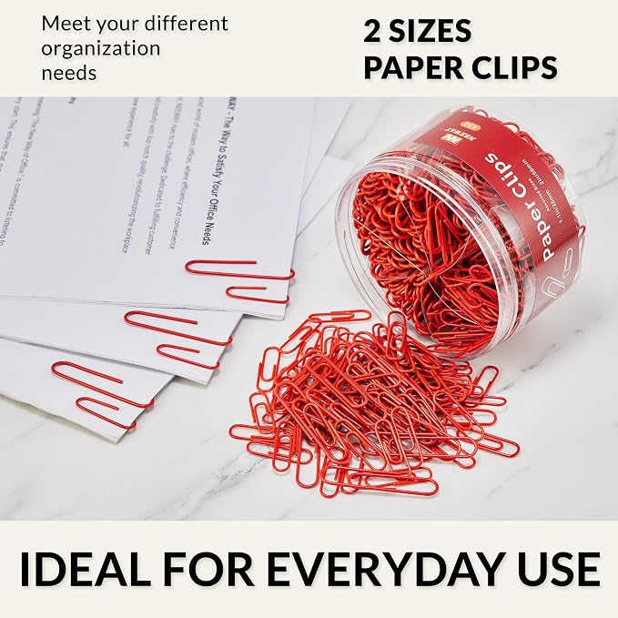 NEEWAY 450pcs Paper Clips Assorted Sizes, Small and Large Paper Clips (1.1 inch, 2 inch), Coated Paperclips for Office School Document Organizing (Red)