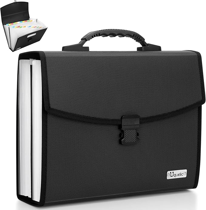 Uquelic 26 Pockets Expanding File Folder Organizer, Durable Buckle | Accordion Folder Base with Ergonomic Portable Handle, Large A4 Letter Size Document Organizer, Folders with Pockets