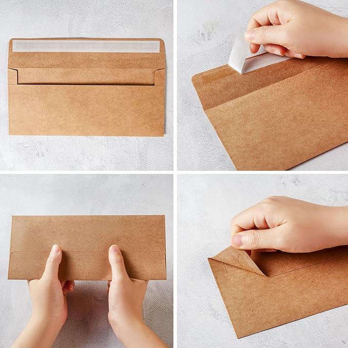 Wishop 50 Pack #10 Business Envelopes Self Seal 4x9 Standard Envelopes for Business, Invoices, Letter Mailing, 4 1/8 x 9 1/2 Inches (Brown, 4.13 x 9.49)
