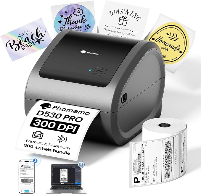 Phomemo 300DPI 4x6 Thermal Shipping Label Printer with 500 Labels | Ethernet Bluetooth & USB connection, Thermal Printer for Small Business, Compatible with iOS Android Windows Mac USPS UPS