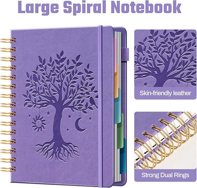 Hardcover Spiral Notebook 6.1" x 8.4" with 5 Removable Dividers 300 Pages Leather 5 Subject Notebook College Ruled 100GSM Large Spiral Notebooks for Work Thick Lined Journal for Women, Purple