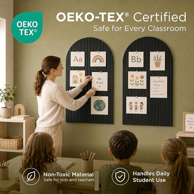 Large Felt Bulletin Board Arched 35" x 24" - Cork Board Alternative for Wall, 6 Felt Tiles with 32 Adhesive Tabs, Stylish Pin Board for Home Office, Bedroom & Classroom (Black)