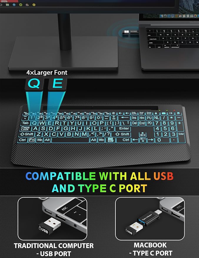 Wireless Keyboard and Mouse Combo, Large Print Backlit Scissor Keys | Textured Wrist Rest, Phone Holder, Rechargeable, 7-Color Lighting, LED Mouse, Quiet Typing, Win/Mac/ChromeOS, KM22 Ultra+