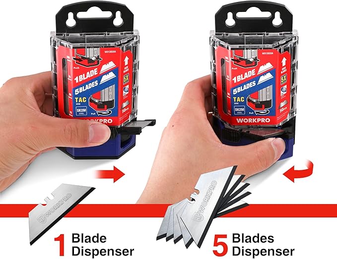 WORKPRO Premium Utility Knife Blades, TAC Diamond Coated SK2M, 50-Pack Utility Blades Replacement with Dispenser