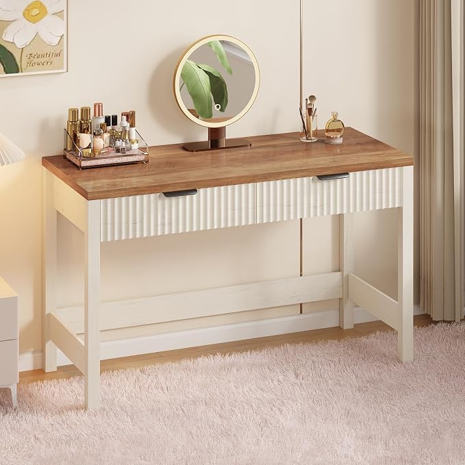 47 Inch Small Fluted Computer Desk with 2 Drawers for Bedroom, Home Office | Small Computer Desk with Storage, Compact Writing Study Desk for Small Spaces