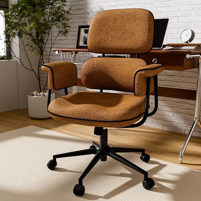 Brown Office Chair, Memory Foam Seat Mid Century Modern Desk Chair | 3.9" Sloped U-Shaped Memory Foam Cushion, Granular Linen Fabric, Lumbar Support, 1.2mm Sturdy Metal Tube, 400LBS Capacity