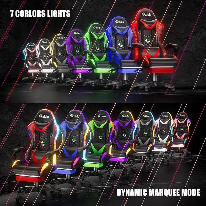 Gaming Chair, RGB LED Lights Computer Chair with Footrest, Lumbar Support Massager Gamer Chair, High Back, 90-135° Reclining, Linkage Armrests, Purple