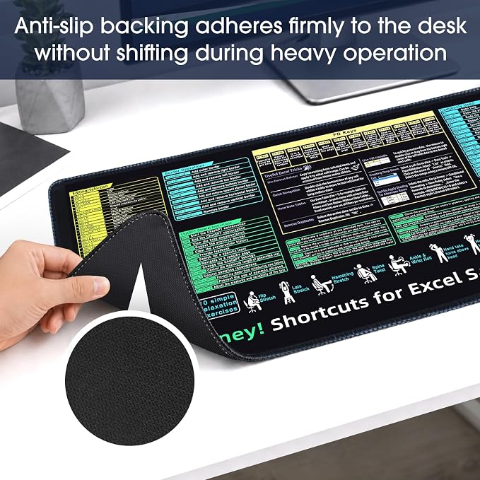 Excel Cheat Sheet Desk Pad-Big Mouse Pad(31.5in×11.8in×0.1in) | Desk Mat for Microsoft Excel Shortcuts | Office Desk Accessories | Non-Slip Stitched Edge
