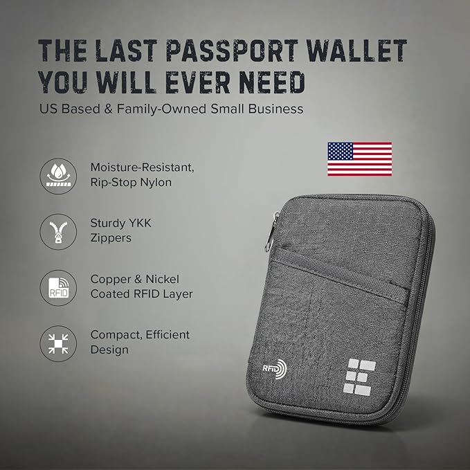 Zero Grid RFID Passport Holder & Travel Wallet, Zippered Wallet for Men & Women, Fits Passport, Cards, Cash, Tickets, ID, Sim Card, AirTag; Premium & Compact Travel Document Holder - Shadow Grey