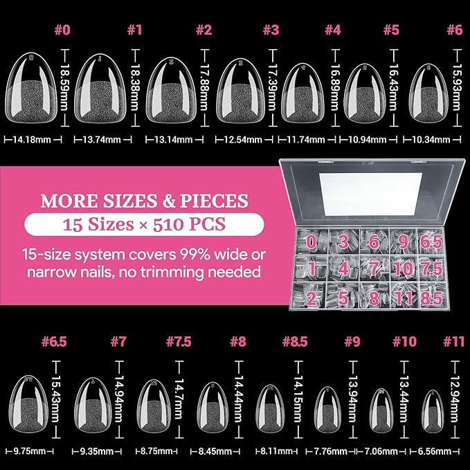 Extra Short Almond False Nail Tips, 15 Sizes 510 PCS Clear Soft Press On Fake Nail Pre-shaped Half Matte Full Cover Gel Nail Tips Extensions Thick Long Lasting for DIY Beginners & Salon Manicure