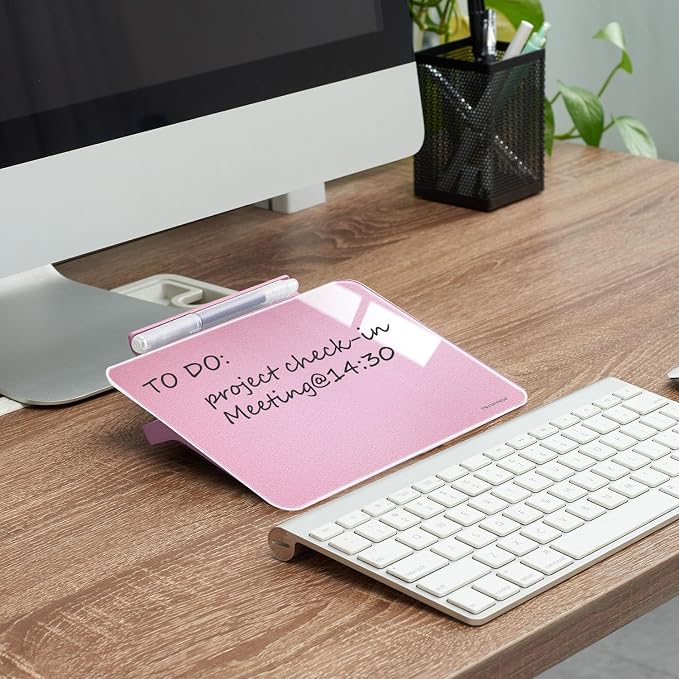Small Desktop Whiteboard - Glass Dry Erase Board 8 X 6 Inches Tabletop Easel Whiteboard with Stand, Desk Board Buddy for Artist, Teacher and Student - Pink ＆ Gold