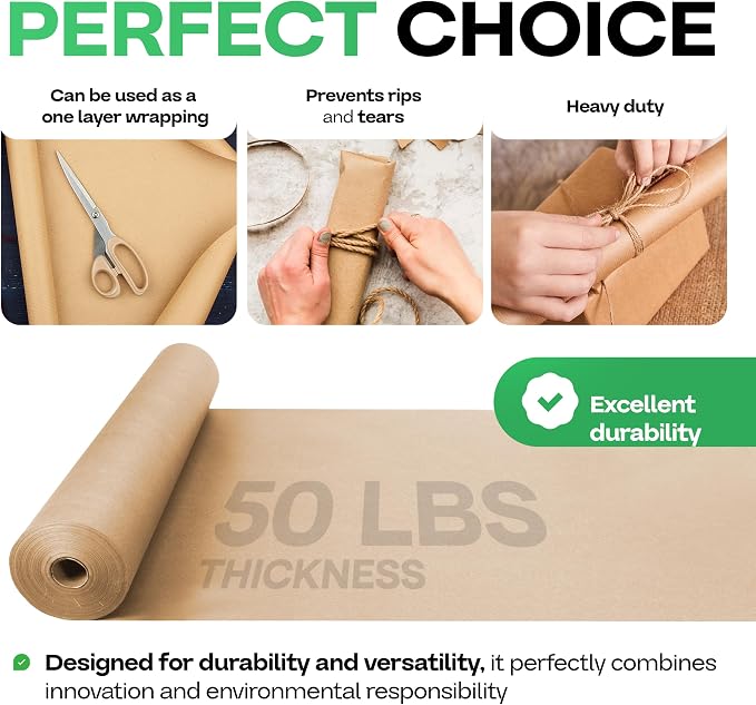 Brown Kraft Paper Roll 48" x 1800" (150 feet) with Cutter - USA-Made | Quality Paper 50lb Thickness for Wrapping, Packing, Moving, Shipping, & Crafts/Arts - Natural Kraft Material by IDL Packaging