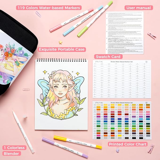 Ohuhu Adult Coloring Book Markers Paper-friendly Water-Based 120 Color-Pupe | Coloring Markers No Peeling Dual Brush Fine Tips Ohuhu Markers No Bleeding Drawing Pens for Kids Adults Beginner Calligraphy