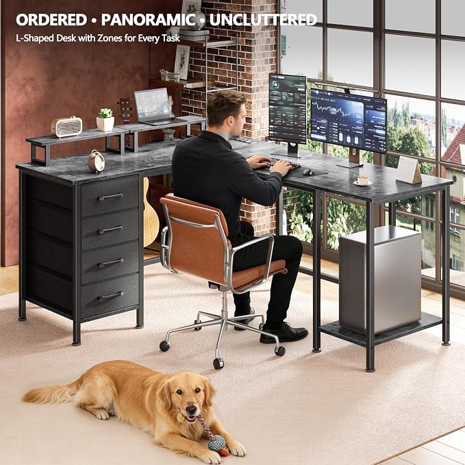 Korfile 59 inch L Shaped Computer Desk with Power Outlets, Home Office Desk with 4 Adjustable Storage Drawers & 2 Monitor Stands, Two Person Gaming Table for Bedroom, Grey