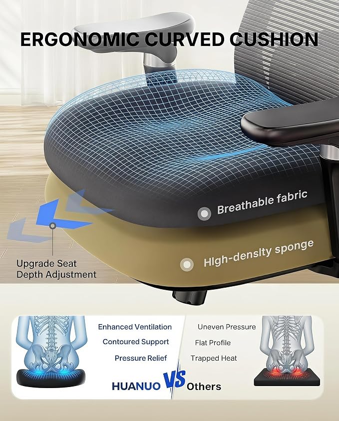 HUANUO Ergonomic Office Chair with 6D Armrest and Lumbar Support | Seat depth adjustment, quiet rubber caster, 3D headrest, high back mesh, big and tall design, 4-position recline