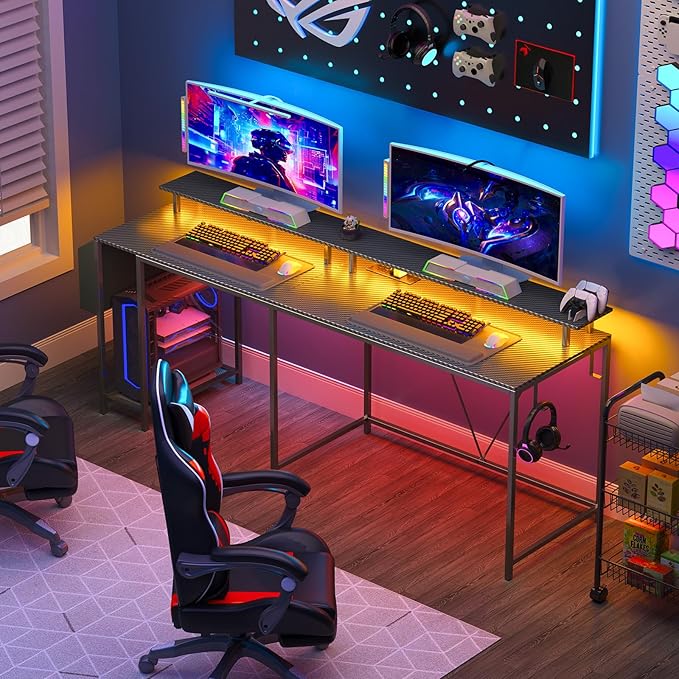 L Shaped Gaming Desk with Power Outlets & LED Lights, 53 inch Corner Computer Desk with Monitor Stand and Storage Bag, Home Office Desk Table for Bedroom, Dual Workstation, Carbon Fiber Black