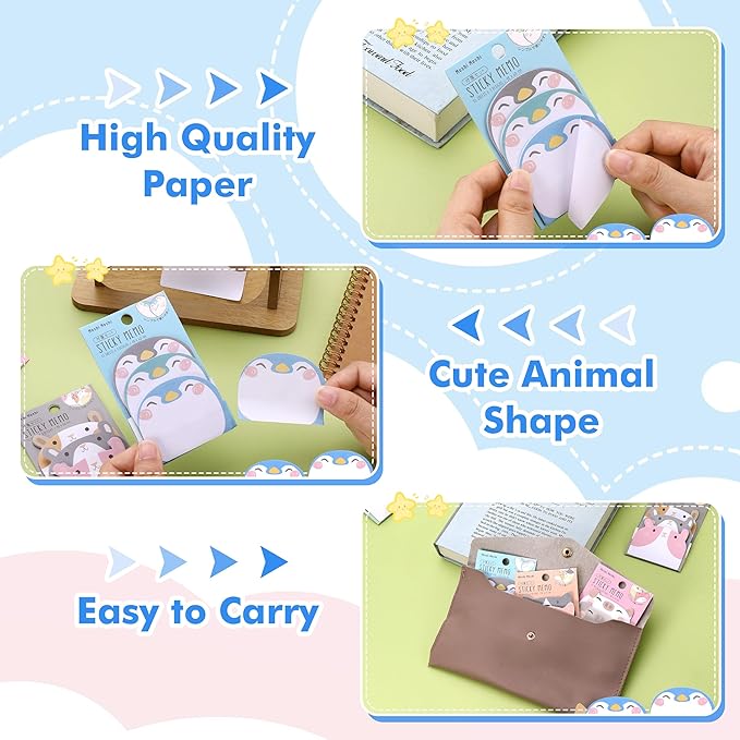Cute Sticky Notes, 12 Pack 540 Sheets Kawaii Cartoon Animal Sticky Notes, Mini Cartoon Notes Animals Shape Markers Flags Self-Stick Memo Pads for School Home Office