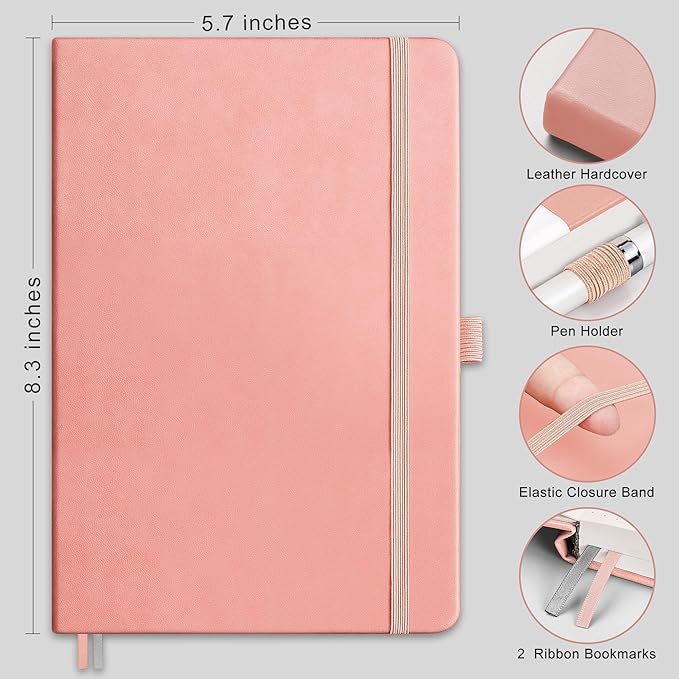 RETTACY Dotted Journal Notebook, 2-Pack, 160 Numbered Pages per Pack, A5 Medium Size (5.7'' x 8.3''), 120 GSM Thick Paper, Leather Hardcover, for Journaling, Planning, Tracking (Black & Pink)