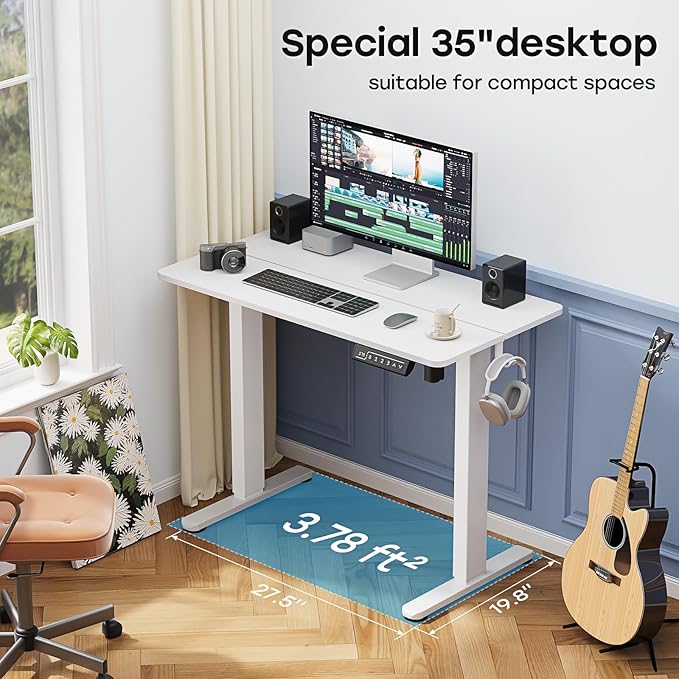 Small Standing Desk, 35" ×20" Electric White Standing Desk, Height Adjustable Compact Sit Stand Workstation with Splice Board, Home Office Desk with 2 Hooks
