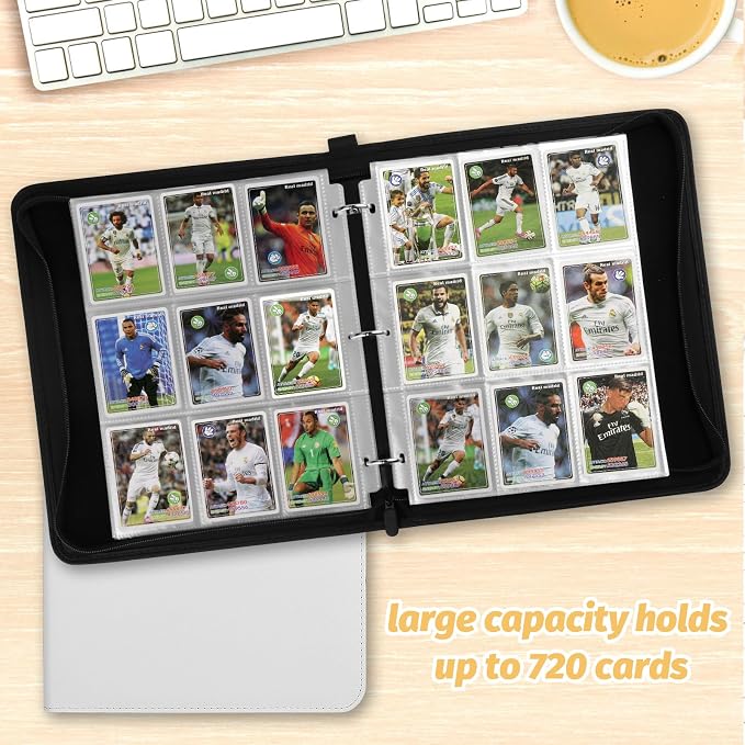 GERMUN 3 Ring 9 Pocket Zipper Card Binder, 720 Double Sided Standard PU Trading Card Album Folder for TCG & Sports Cards, Not Fit Top Loaders (white)