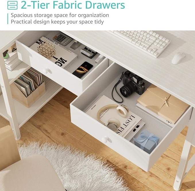 DLisiting Small White L Shaped Desk with Drawers & Storage Shelves, 40 Inch Corner Desk with Power Outlet for Small Space Home Office, Study Work PC Desks for Bedroom