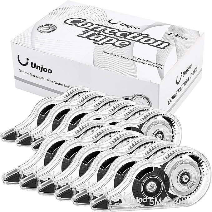 Unjoo White Correction Tape, For school, Office,12pack, 5M/196"x0.2",Black | Easy To Use Applicator for Instant Corrections Wrong Writing At Any Time, Tear-Resistant Correction tape Bulk