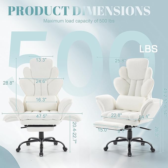 Flip Armrests Criss Cross Office Chair, Reclining Office Chair with Foot Rest, Adjustable Headrest, Massage Waist Pillow, Cross Legged Big and Tall Desk Chair Wide Seat Vanity Chair, White Fabric