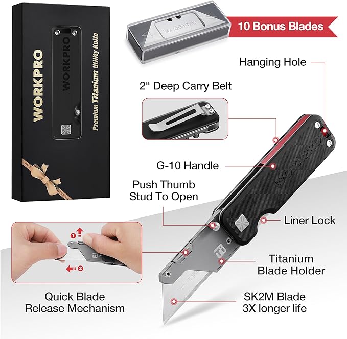 WORKPRO Premium Titanium Utility Knife, CNC Unibody, Lightweight G-10Handle Folding Box Cutter, Quick Change Blade Razor Knife,Ideal Gifts for Men Women, with 10 Extra Blades