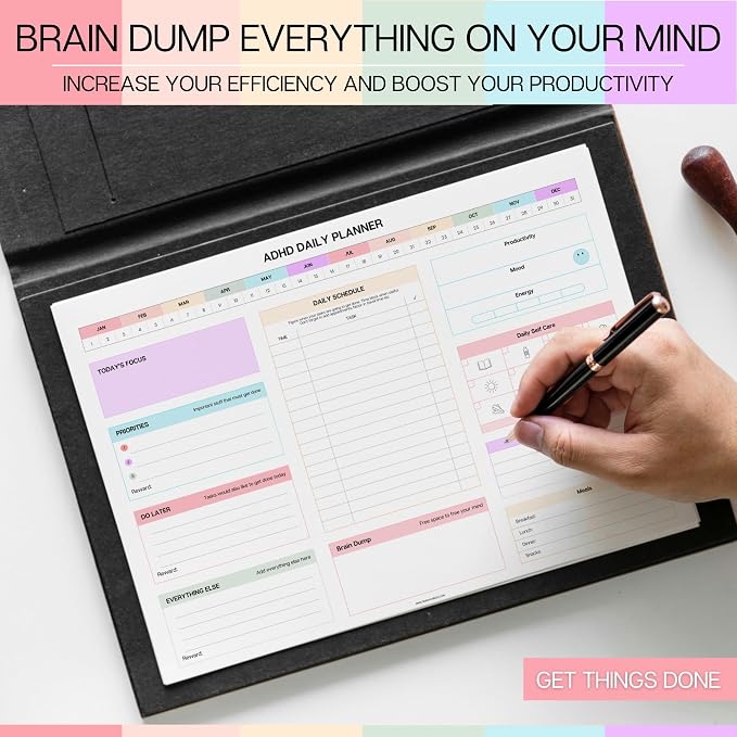 ADHD Daily Planner Notepad for Neurodivergent Adults - Productivity Daily Planner Desk Pad & Task Management to Stay Organized and Focused Note Pad (Rainbow, A4 Landscape)