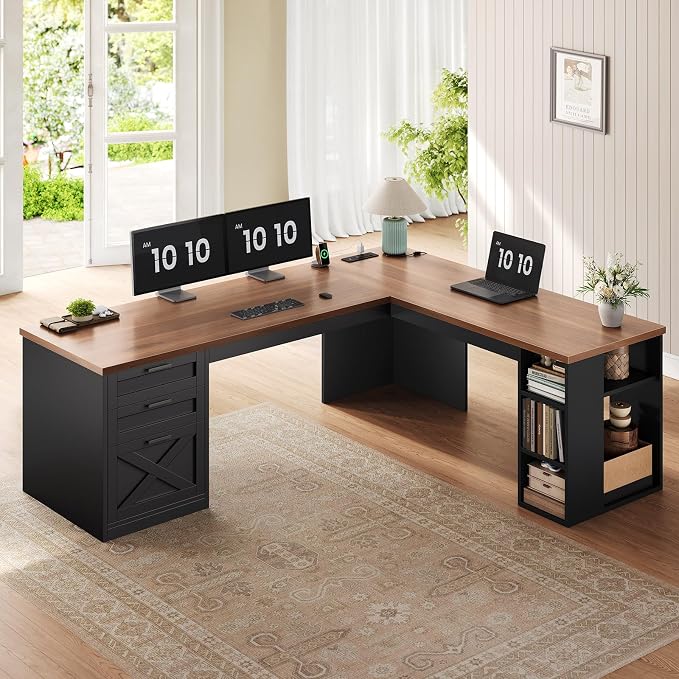 SEDETA 67" Farmhouse Executive L Shaped Desk with 3 Drawers | Executive Home Office Desks with Storage Shelves, Corner Computer Desk with Power Outlets for Home Office,Black and Brown