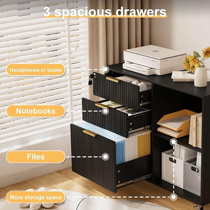 3 Drawer Fluted Mobile Filing Cabinet with Lock, Lateral Rolling Under Desk File Cabinet, Wooden Printer Stand Table for Home Office Essentials Storage Organization Furniture Letters/A4(Black)