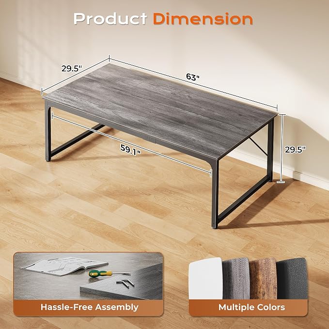 63 X 29.5 Inch Computer Desk with Deeper Desktop, Gaming Office Writing Work Desk for Home Office, Study, Bedroom, Work from Home, Metal Frame, Grey