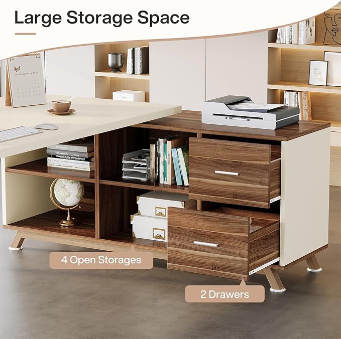 Tribesigns 78.7" L-Shaped Executive Desk, Modern Office Desk with File Drawers & Storage Shelves, Large Computer Desk with 55-Inch Cabinet, Business Workstation for Home Office, Beige & Walnut
