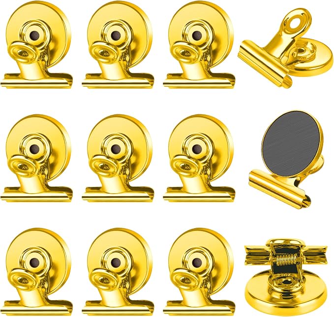 FINDMAG 12 Pack Magnetic Clips, Gold Fridge Magnets Clips for Office Use | Magnets with Clips, Organization Kitchen Accessories, Photo Frames, Cruise, Decoration Gifts, Home, School
