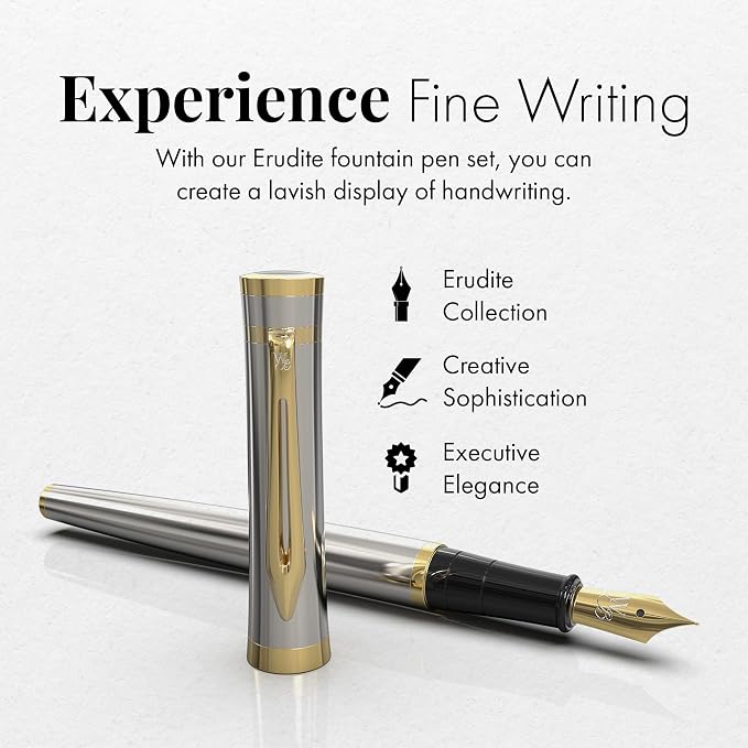 Wordsworth & Black Fountain Pen Set for Writing,Extra Fine Nib, Silver | Gift for Men & Women, Brass Body, 18K German Iridium, Calligraphy, Converter + 24 Ink Cartridges, Refillable, Leak-Free