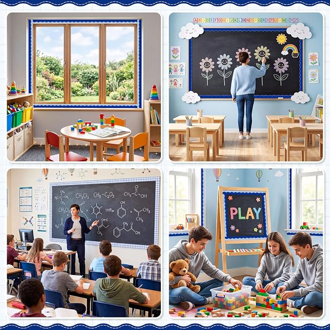 2 Rolls 65.6ft Dark Blue Gingham Bulletin Board Borders Decoration Blue Checkered and Straight Edge Bulletin Borders Board Trim for Office School Classroom Chalkboard Party Decoration