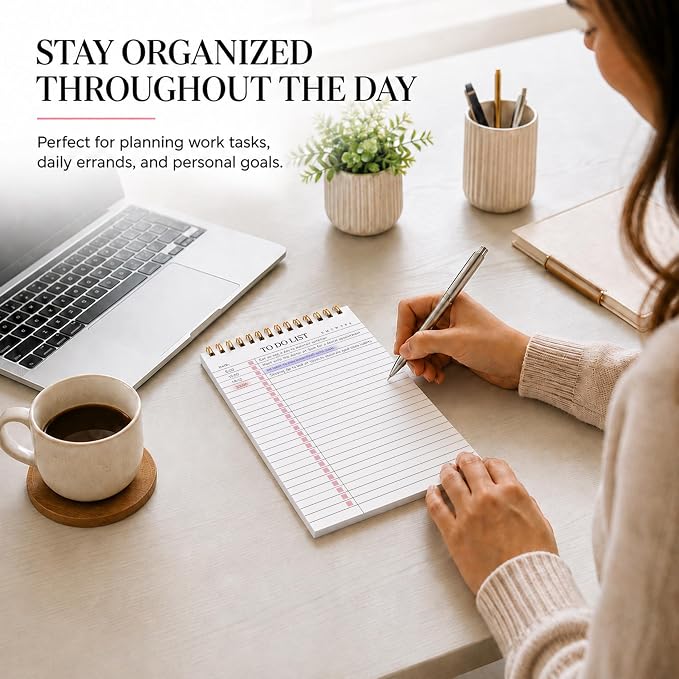 To Do List Notepad, Undated Daily Planner Notepad, A5 (5.5" x 8.3"), Pink | To Do List Notebook, Checklist Planner, Waterproof Spiral Notepad, for Work, Office Supplies, School Planner, 52 Sheets/Pack