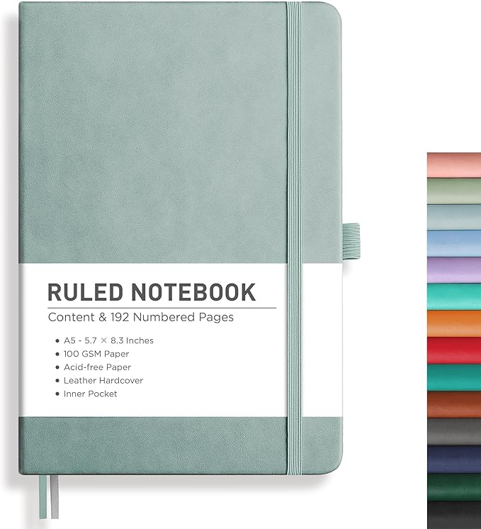 RETTACY Lined Journal Notebook, 192 Numbered Pages, A5 Medium Size (5.7'' x 8.3''), for Men & Women, Journaling, Writing, Work & Office, Leather Hardcover, 100 GSM Thick Paper (Blue-gray)