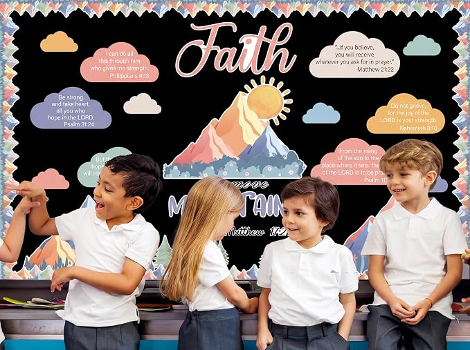 Christian Mountains Bulletin Board Set Inspirational Religious Classroom Decorations Faith Can Move Mountains Paper Cutouts for Sunday School VBS Church Office Home Chalkboard Wall Decor