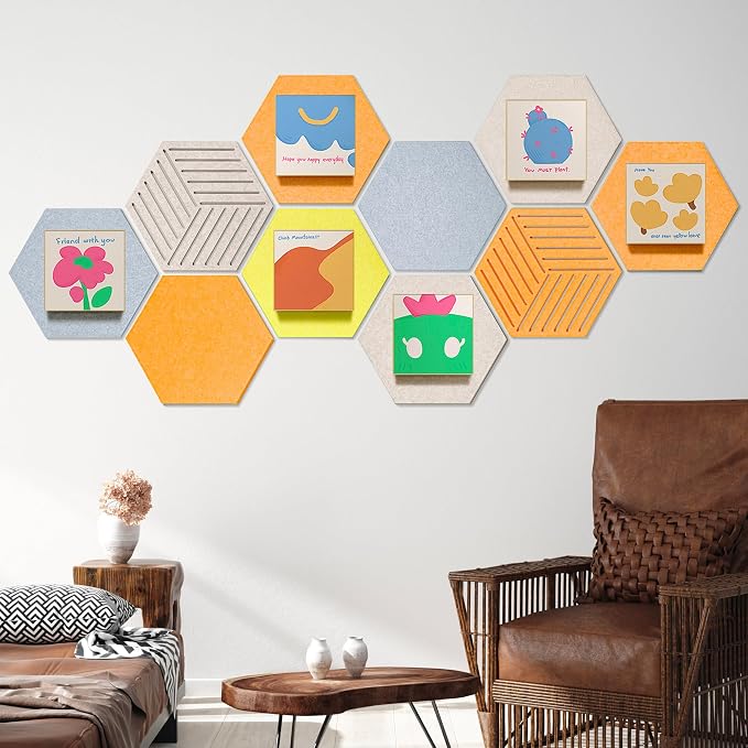 Hexagon Felt Corkboard for Office Frameless Self Adhesive, 10 Pack | 1300 g/m² High-Density Polyester Acoustic Felt Panels for Wall, Peel and Stick, Boho, Decorative, Renter Friendly, 30 Pins