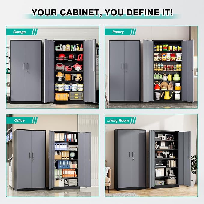 Metal Storage Cabinet with 5 Adjustable Shelves,Garage Storage Cabinet with Lock,Metal Cabinets with Locking Doors,71" Lockable Tool Cabinets for Home,Office,Shop,Garage