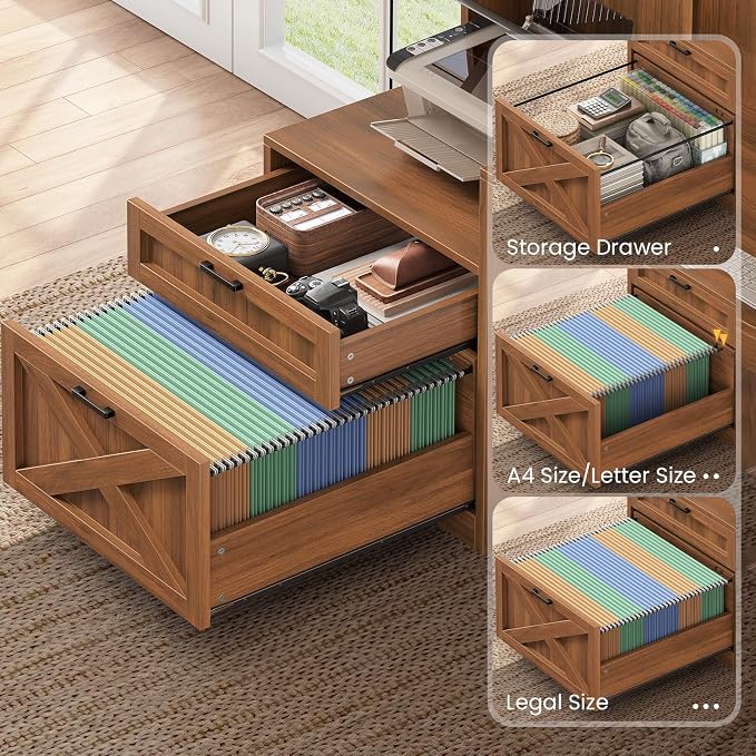 SEDETA Farmhouse L Shaped Office Desk with Double Hutch, Storage Shelves | Computer Desk with Storage Shelves and Power Outlet, Corner Gaming Desk with LED Light and Display Cabinet for Home Office