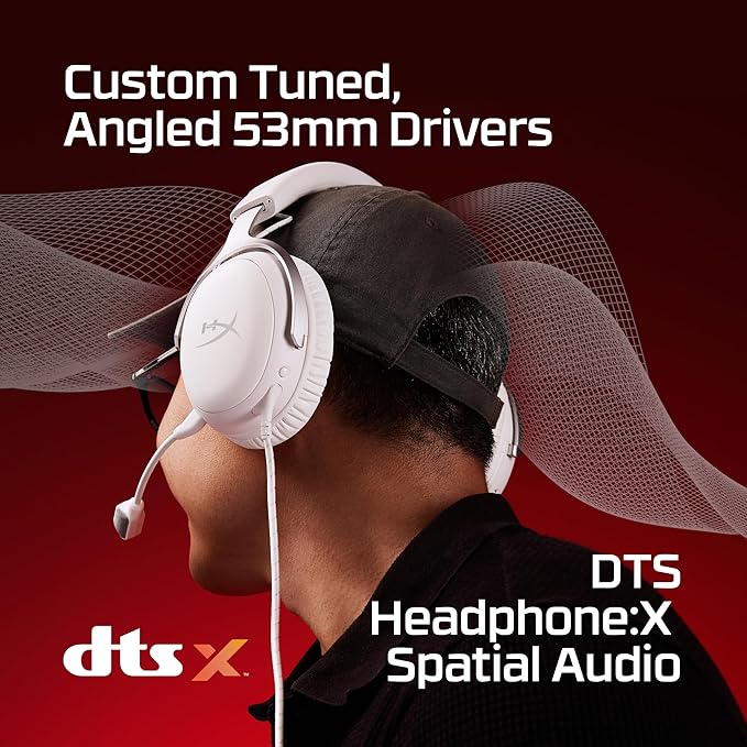 HyperX Cloud III – Wired Gaming Headset, PC, PS5, Xbox Series X|S, Angled 53mm Drivers, DTS, Memory Foam, Durable Frame, Ultra-Clear 10mm Mic, USB-C, USB-A, 3.5mm – White