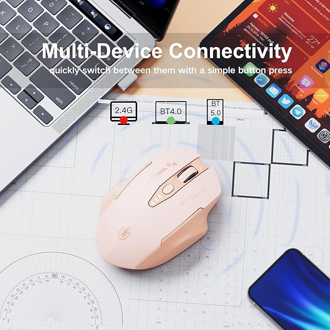 Wireless Bluetooth Mouse,[Upgraded] Rechargeable Computer Mice (BT 5.0/4.0+2.4G Hz) with Visible Battery Level, 4 Adiustable DPl, Portable PC Mouse for MacBook Chromebook,Pink