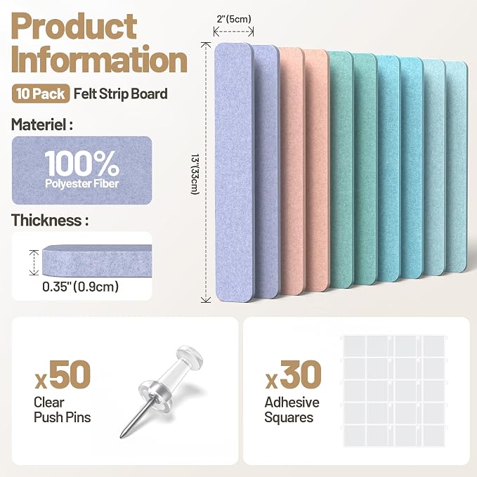 10 Pack 13"x2" Cork Board Strip with Removable Adhesive Squares & Push Pins | Pin Board Alternative Felt Strip Bulletin Board, Felt Board for Photo & Note Display, Home Office Decor - Pastel Breeze