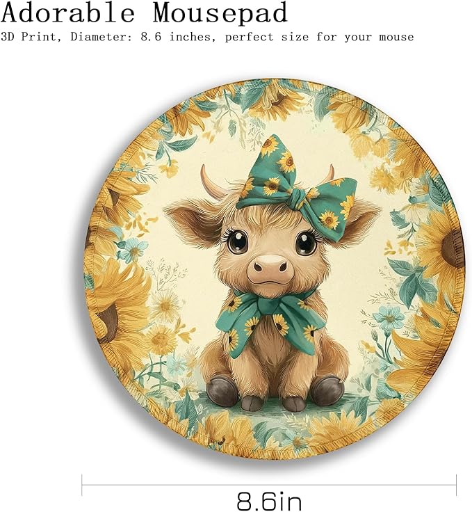 Gctriki Highland Cow Mouse Pad for Desk, Funny Round Mousepad for Laptop Gaming Stitched Edge Non-Slip Rubber Base, Cute Sunflower Bow Highland Cow Decor Gifts Office Desk Accessories for Women